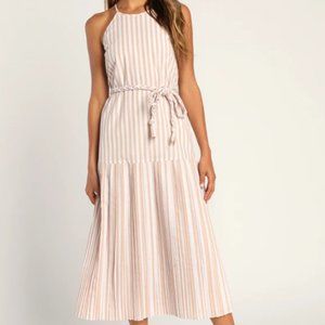 Beach Town Bound Ivory Striped Pleated Drop Waist Midi Dress